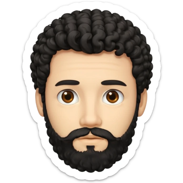 This is a cartoon-style avatar of a man with curly black hair, a beard, and a calm expression sticker