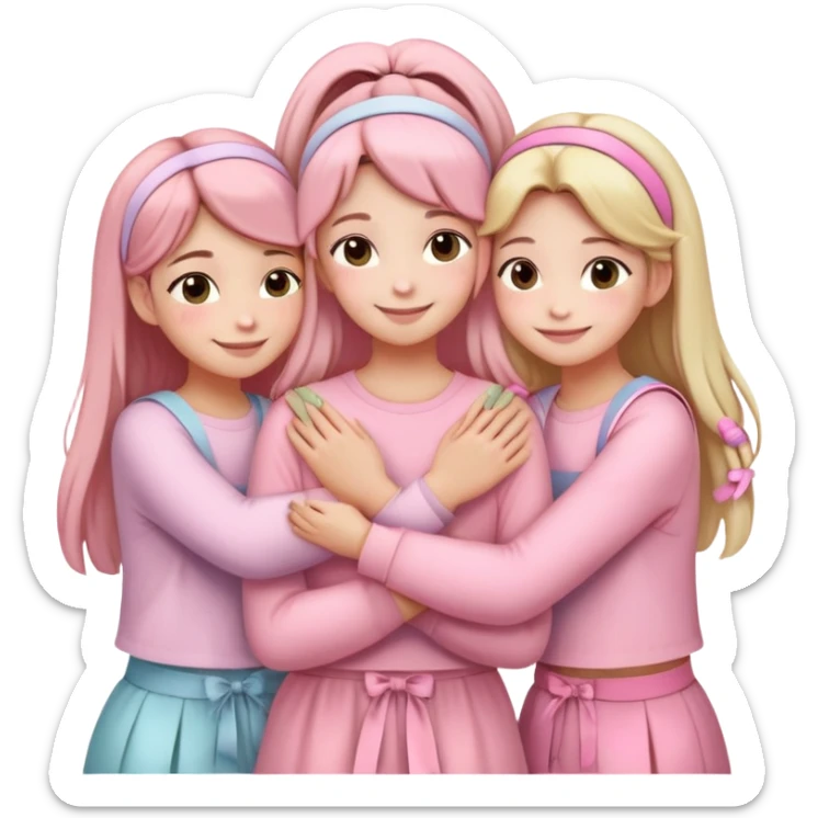 "Four girls hugging each other, all wearing soft pink clothes, two with long hair and two with shoulder-length short hair, smiling, cute iPhone emoji style, with hair accessories like headbands or ribbons, pastel color palette, soft shading, white background" sticker