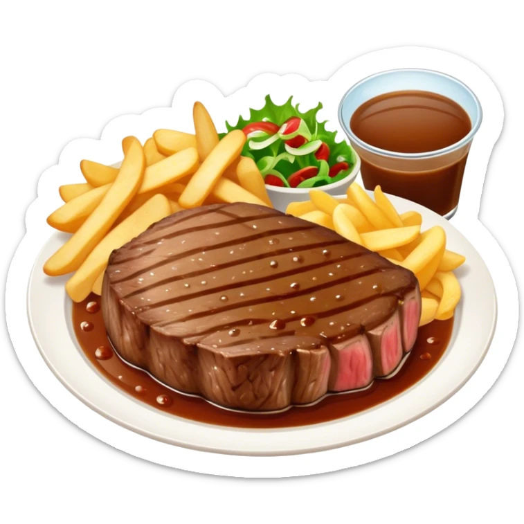 big juicy australian steak meal featuring chips, small salad in a ramiken and gravy  sticker