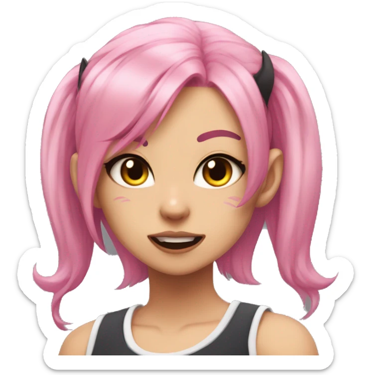 anime cat girl in sportswear, a tank top, pink hair and fangs like a vampire, but small sticker