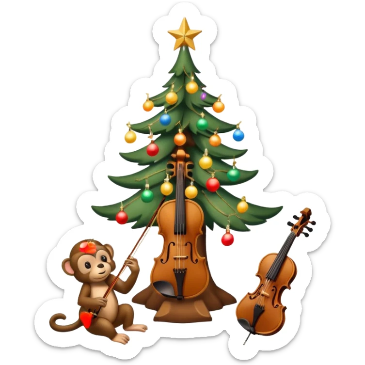 sapin de Noël décoré d'une guirlande lumineuse et de boules  avec un violon à la place du tronc et un petit singe perché au sommet en train de mettre l'étoile de Noël sticker