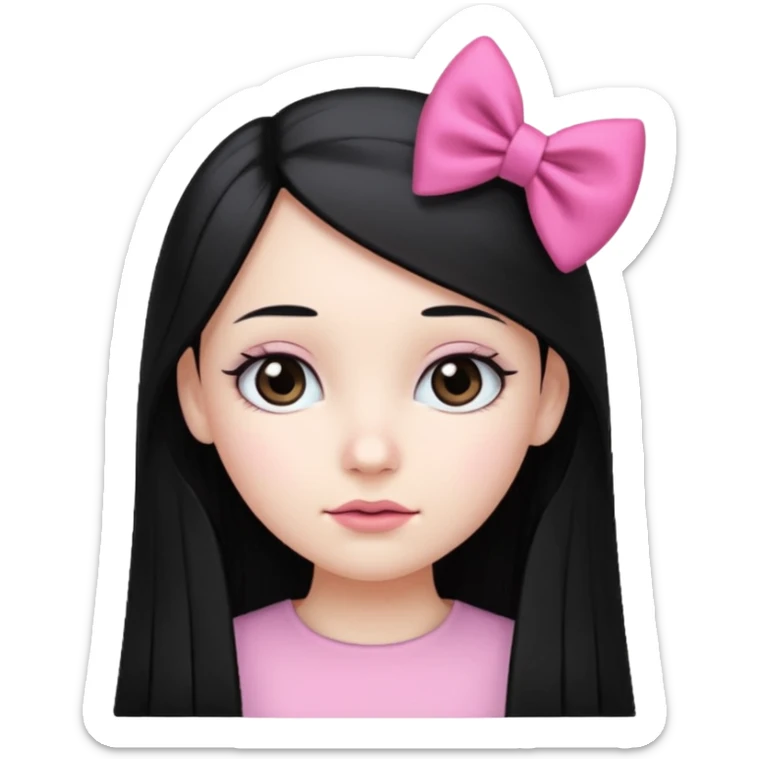 A girl with long, straight black hair, white skin, and a pink bow on the left side of her head sticker