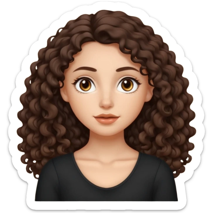 Aesthetic white girl with long curly hair color dark brown, hair most be in front of the shoulders (hair in front of the shoulders, less voluminous). Big almond shape eyes color brown, small wide nose, natural lips, sweet expression. Dressed with a cute tight top color black.  sticker