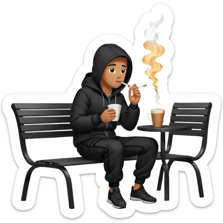 A man sitting on a chair, wearing a black puffed coat with hood and jogging pants, he is smoking a cigaret and drinks a coffee, he is freezing outsider, he is on a chair, the chair is an outside coffe terrasse black metal chair sticker