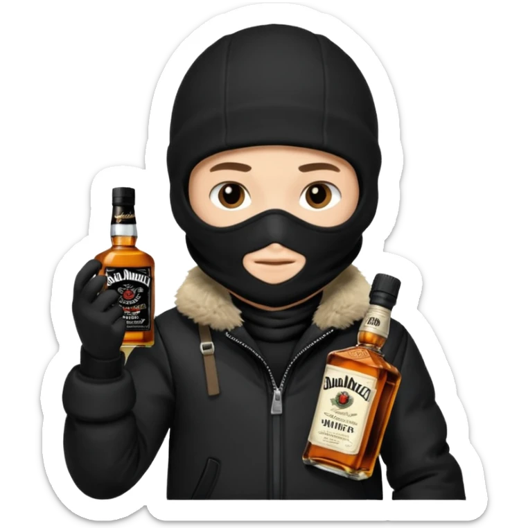 Junge mit Sturmhaube in der Rechten hand eine jacky flasche und schwarze winterjacke mit fell an der mütze 2 meter gross sticker