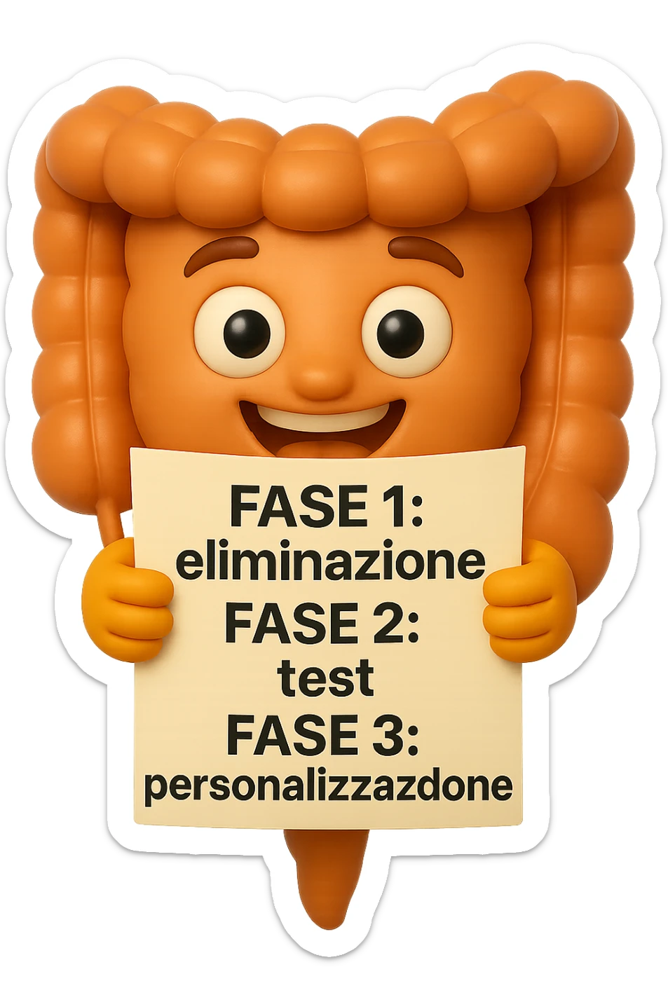 emoji stile iphone 3d di un intestino che tiene in mano un foglio con la scritta "FASE 1: eliminazione, FASE 2: test, FASE 3: personalizzazione, IPERREALISTICO 4K sticker