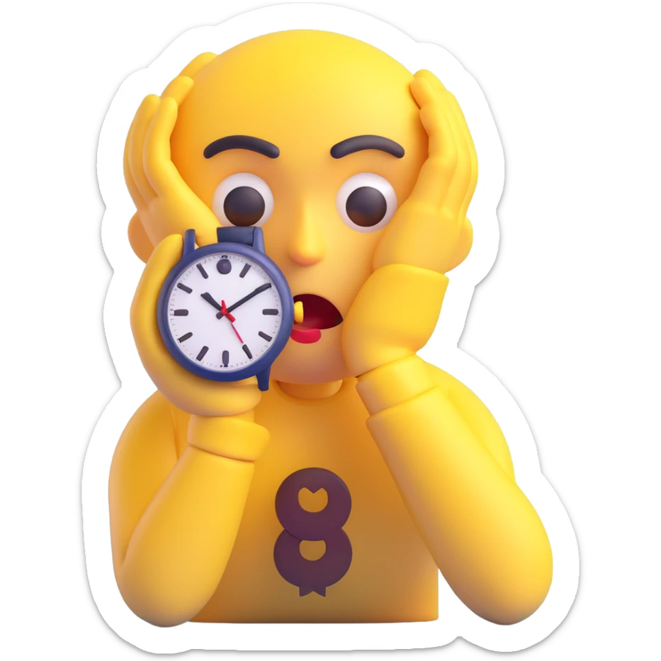 A yellow emoji face with a worried expression, looking at a wristwatch with raised eyebrows, showing urgency and stress sticker