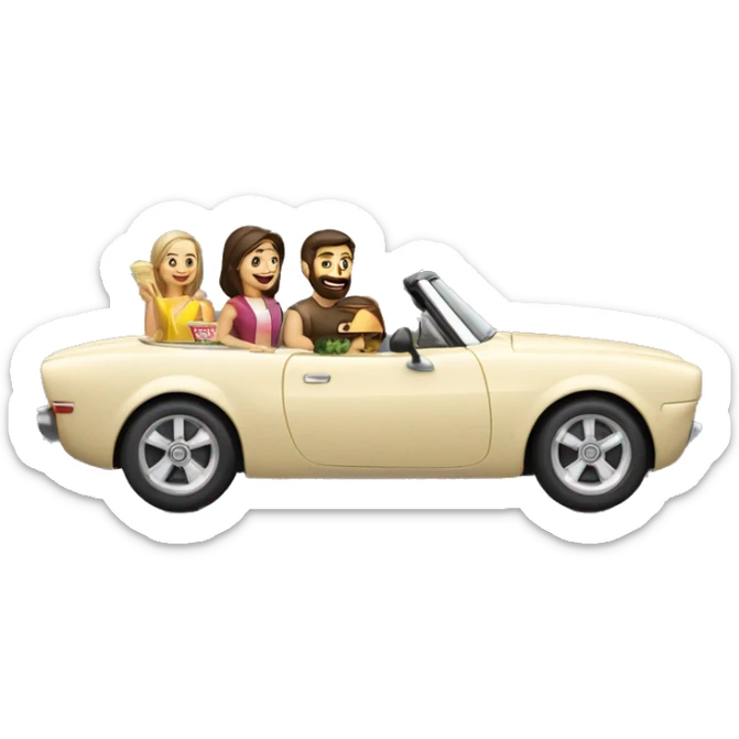 Brunette-bearded man-and-brunette-girl along with 2 boys -roadster-car made of food -driving sticker