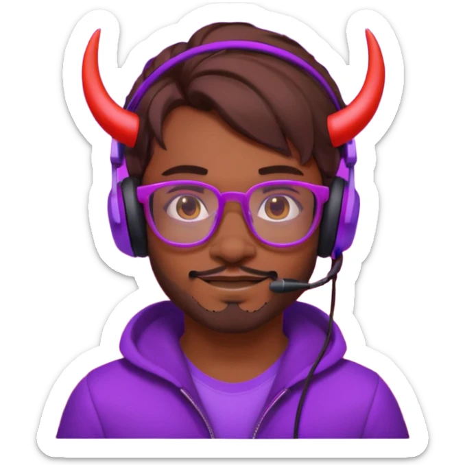 It’s a relaxed selfie of you wearing a glowing gaming headset, glasses, and piercings, lit by red and purple room lights, with a soft, tired-smirk expression brown hair with devil horns and facial hair

 sticker