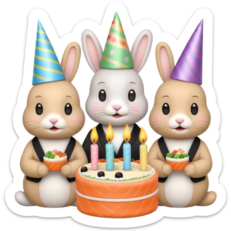 four bunnies together eating sushi at a birthday party, all four bunnies clearly visible, pastel colors, cute, birthday cake, streamers, party hats, festive, varied arrangement, emoji style sticker