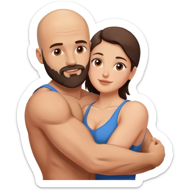 Muscular Bald man with a beard passionately embracing his young brunette wife  sticker