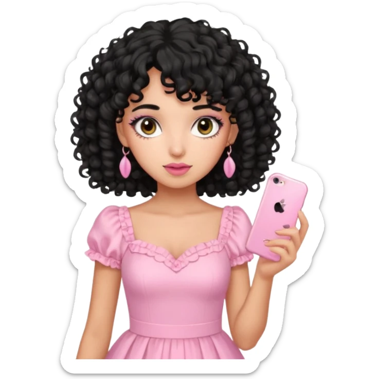 uma menina fofa de pele oliva e cabelos pretos encaracolados e com franja encaracolada e um vestido rosa pastel detalhado e maquiagem levemente rosada enquanto segura um iphone rosa sticker