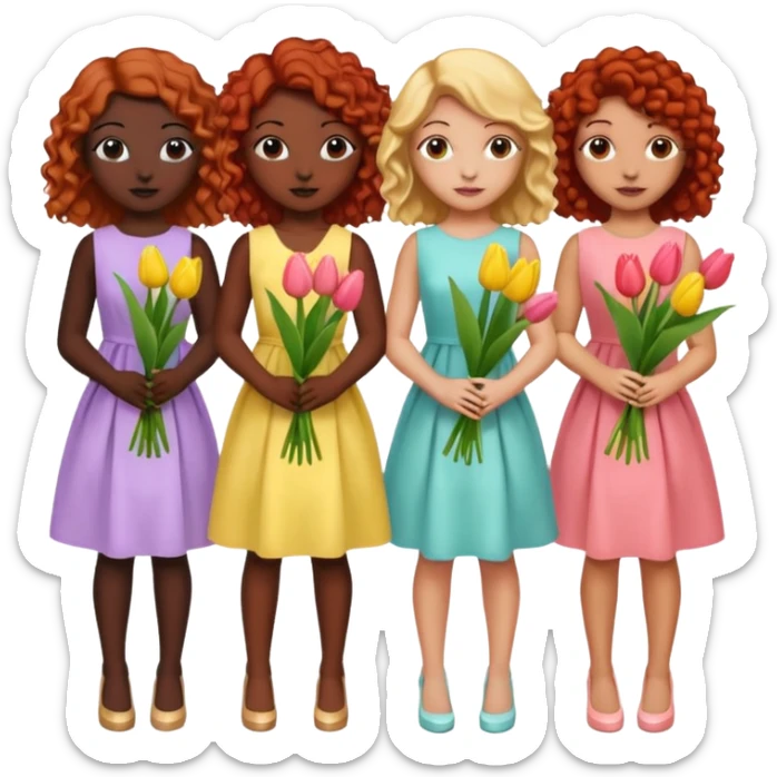5 girls at a garden party wearing pastel dresses and holding tulips, one is black, one is blond, one has brown hair, one has red hair, the last one is has curly hair sticker