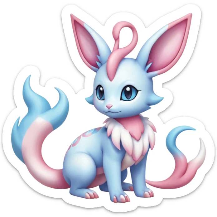 Feral Rare Fantasy cute realistic adorable pastel pink light-blue white iridescent Sylveon-Milotic-Vernid-Sergal-hybrid by LiLaiRa, markings, tufted ears, full body sticker