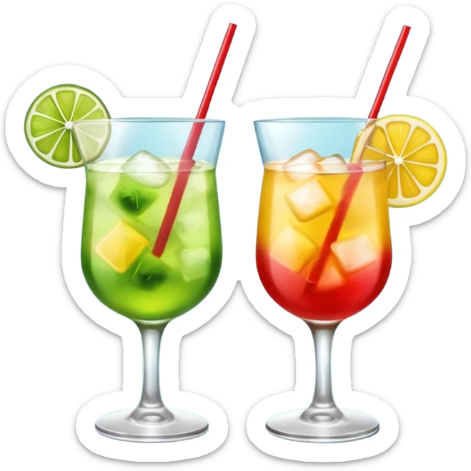 Create an emoji of two cocktails cheers action, one glass of green and yellow color and one glass of blue and red, without any fruit sticker
