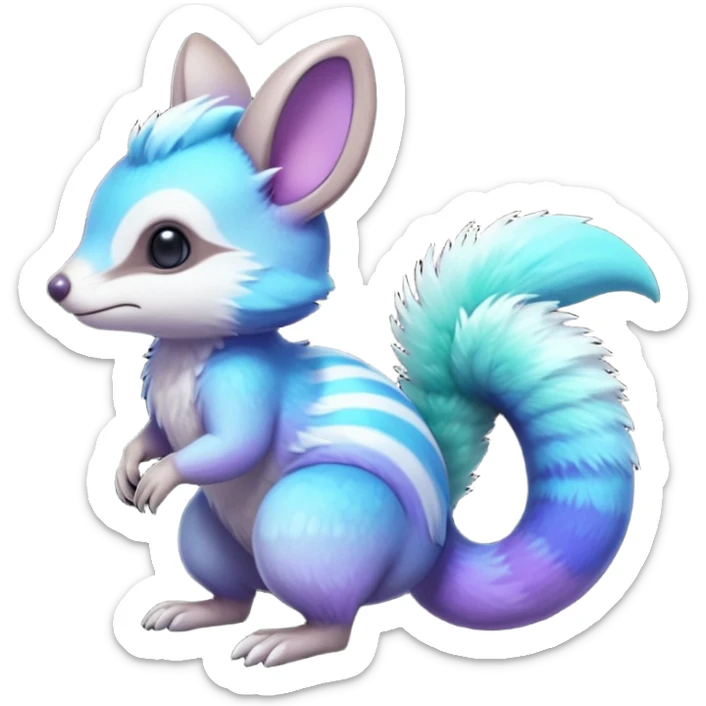 Iridescent Neon Green-Cyan-Blue-Purple-gradients Minccino-Numbat-Sergal-fusion-hybrid-animal-creature, full body sticker