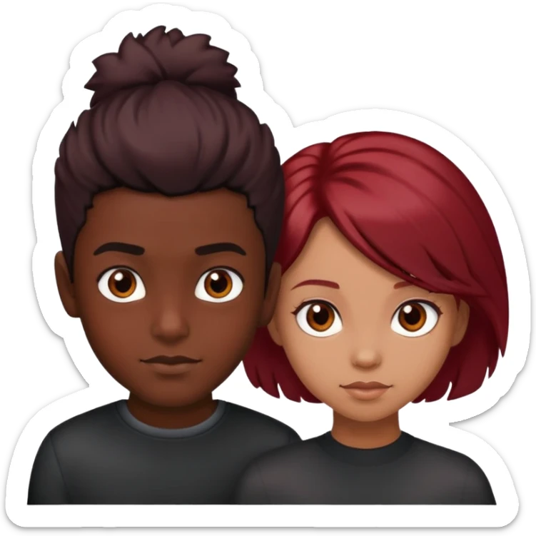 boy with black coil hair, dark skin, brown eyes, girl with dark red hair, light skin, brown eyes sticker