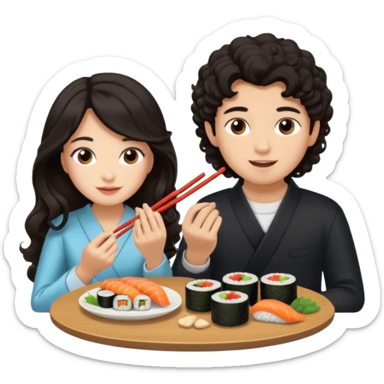 czarnowłosa ksieżniczka w dlugich wlosach je sushi z chłopakiem o czarno brązowych kręconych włosach i są zadowoleni i są nastolatkami i te włosy są lekko krecone sticker