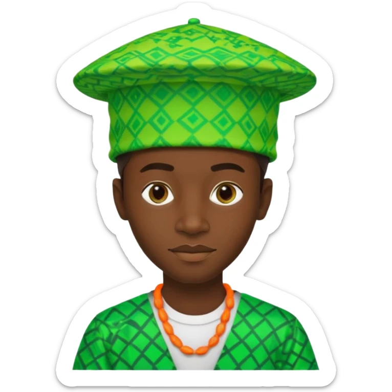 Create me an emoji of a cool Young Nigerian prince wearing a neon green gradient African patterns with "hula hat" (a Nigerian-inspired hat).  sticker