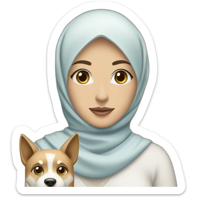 A Moroccan woman with black eyes, wearing hijab, with a dog in her arms being a blond husky with blue eyes, iPhone ios style emoji sticker