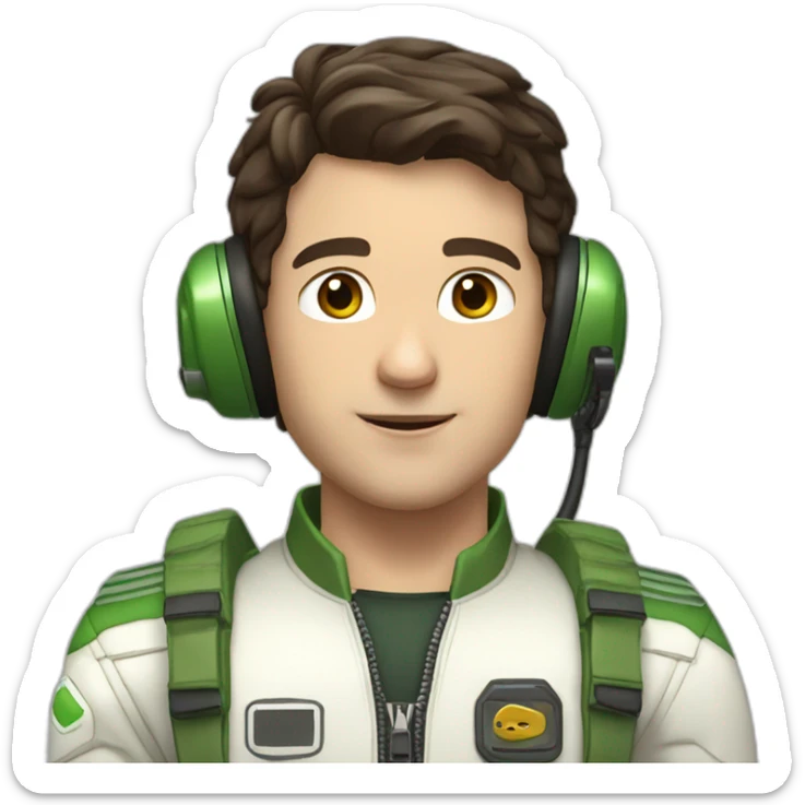 A young white male tennager with dark brown hair and brown eyes in a pilot suit and wearing a green Pilot headset sticker