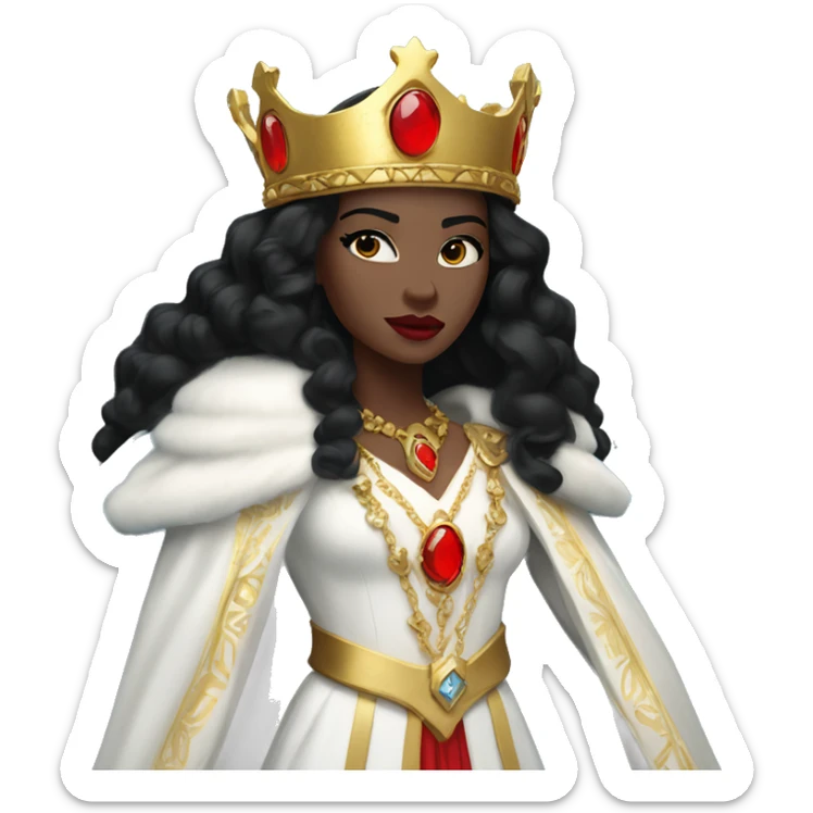 Queen with pale skin, icy blue eyes, bright red lips, long black hair, gold crown, and white robes. sticker