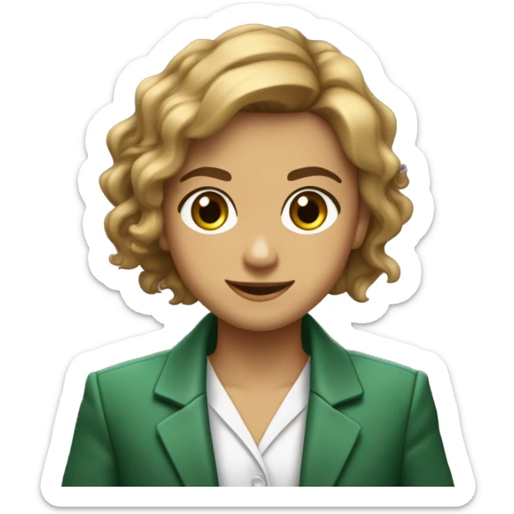 uma jovem de cabelo castanho com mechas loiras de tamanho médio, olhos verdes, vestindo uma blusa branca com blazer, sorrindo e de braços cruzados. sticker