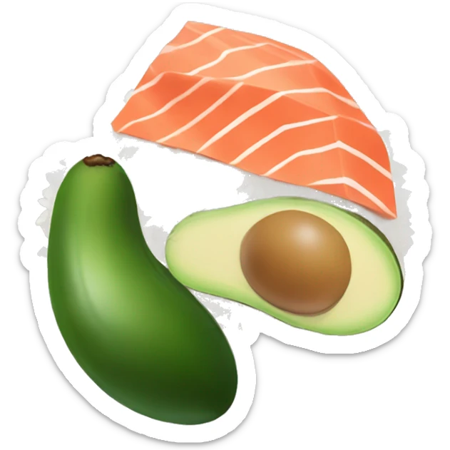 Am Avocado that holds salmon in the right hand and rice in the left hand sticker