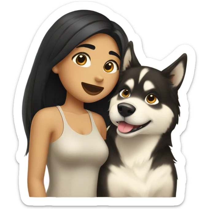 A golden beige Husky next to him a girl with black hair who kisses him on the cheek sticker