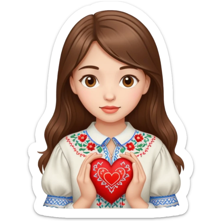 A beautiful young girl with brown hair in a Ukrainian embroidered shirt is holding a large embroidered heart sticker