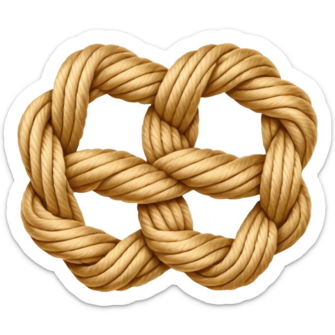 Emoji-style illustration of a neatly tied bowline knot made of natural rope. The knot should form a clean loop with a visible knot structure, rope texture, warm beige and golden tones, isolated on white background, soft shadows, minimal composition. sticker