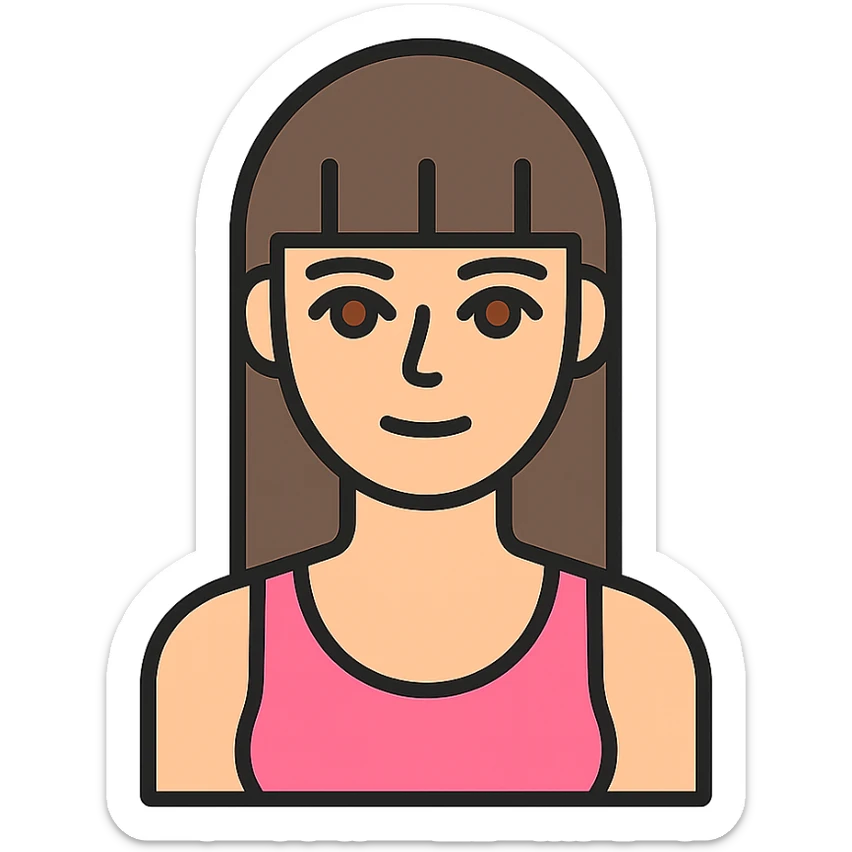 minimalistic and flat icon style of a skinny American girl with long brunette hair and classic bangs, hazel eyes, pink tank top sticker