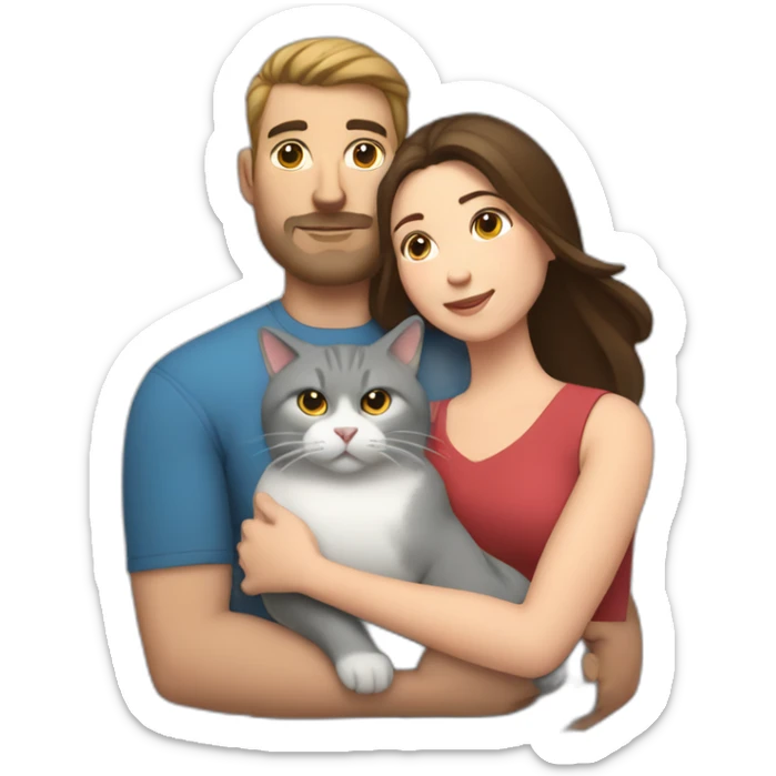 white brun man and brunette woman with a fat gray cat in their arms sticker