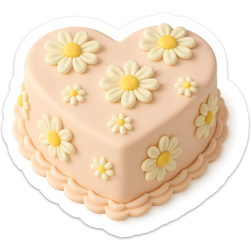 heart-shaped fondant cake with piped daisies sticker