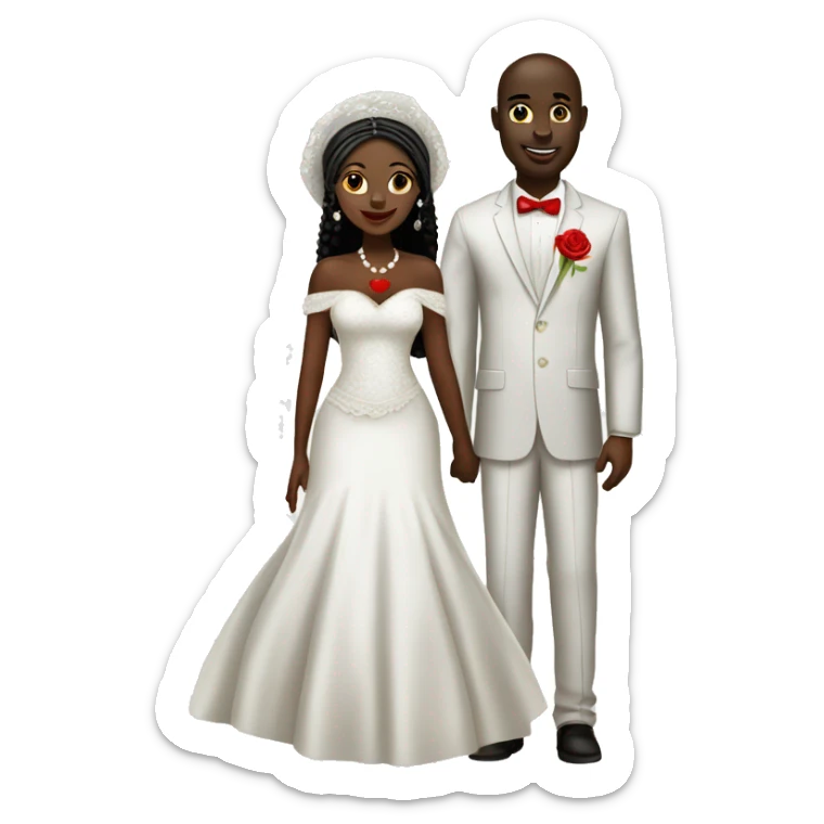 African bride and groom. White gele with white off shoulder dress. With red heart sticker