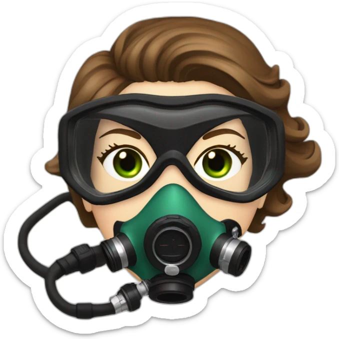 woman brown hair black diving mask with a single crystal, diving regulator in mouth, green eyes sticker