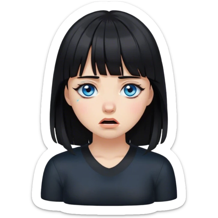 Girl crying wearing black with black medium length hair with bangs and blue eyes sticker