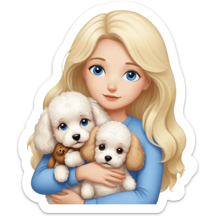 Blonde blue-eyed long-haired mother hugs two dogs, a Bichon Frise and a Teddy sticker