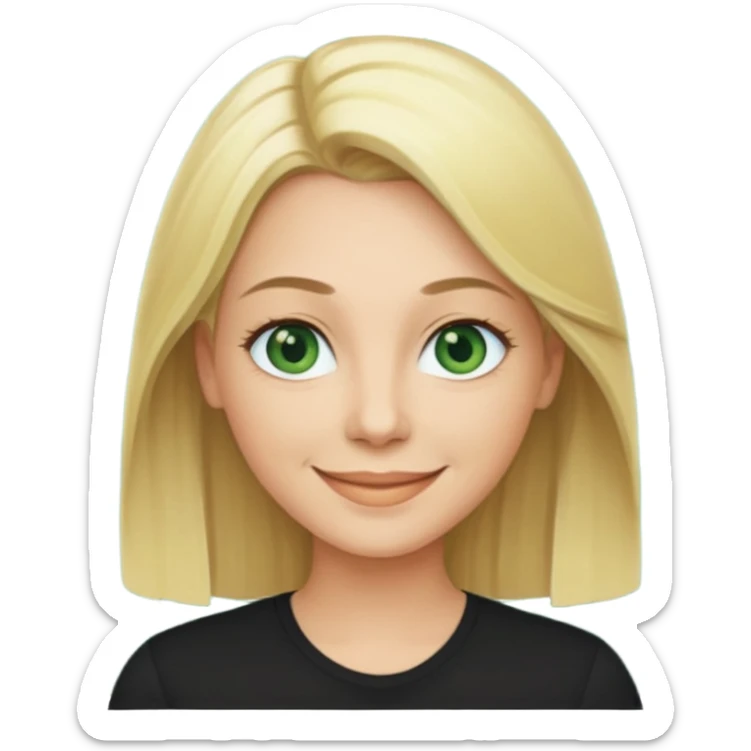 40 yr old blonde straight hair green eyes black shirt smiling sticker