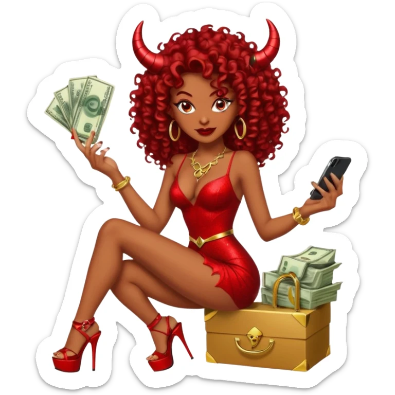 seductress evil brown curly haired sexy drug lord woman with clear glittery platform heels on her feet and devil red horns on her head, holding a stack of cash, has a phone in other hand sticker