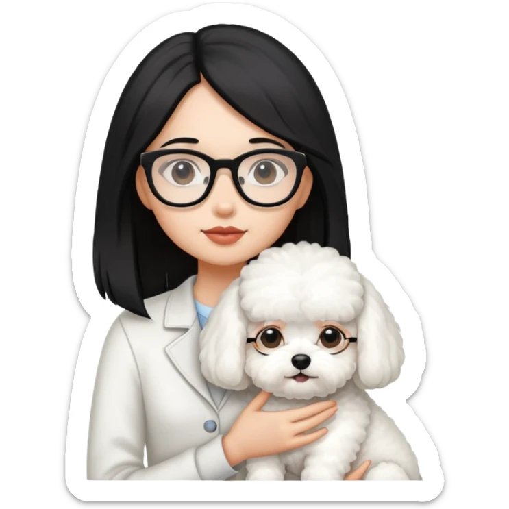 Girl with long black hair and glasses holding a white Bichon Frise dog sticker