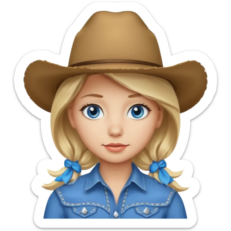 Create a girl emoji that has blonde hair, is white, has a cowboy hat on and blue eyee sticker