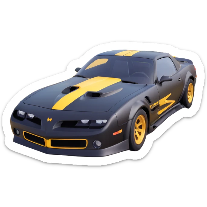 black Trans Am car drifting around curve with yellow road sign in background sticker
