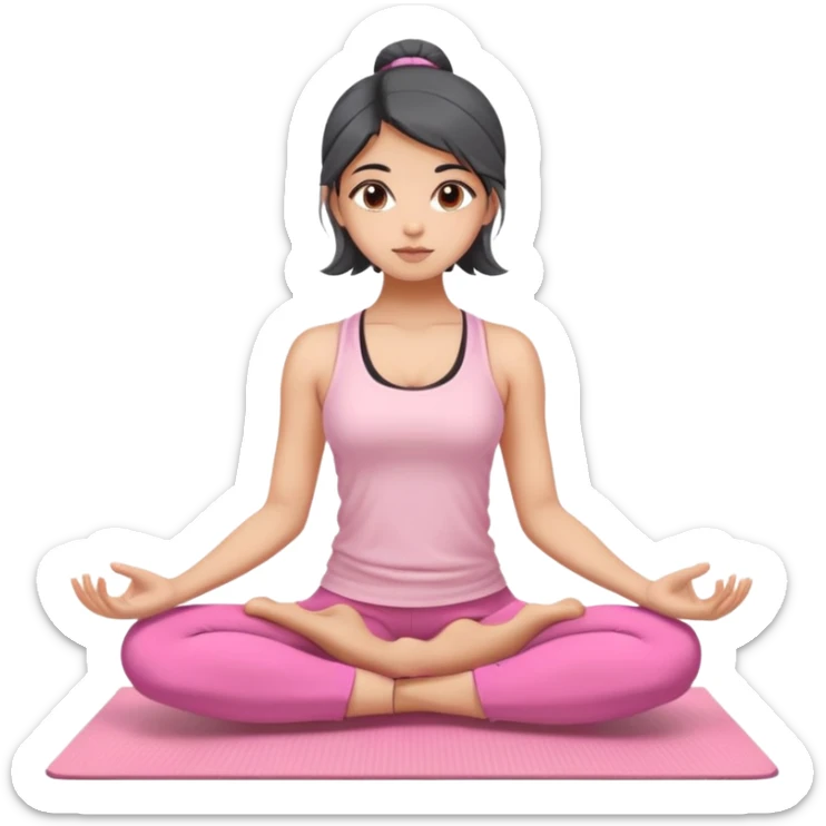 Black/grey medium length hair and brown eyes yoga beautiful Indian girl in light pink clothes sitting on a yoga mat sticker