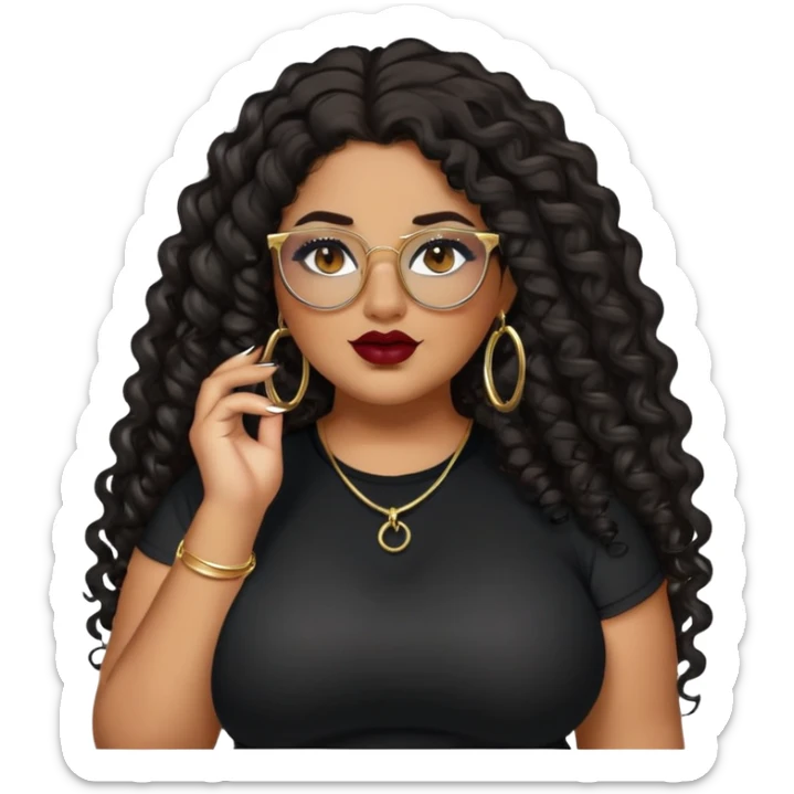 big plus size, latina, darker tan skin, gold hoops, long black curly hair, baddie,pretty, makeup, dark red lipgloss, black eyeliner, long hair, black top, black glasses sticker