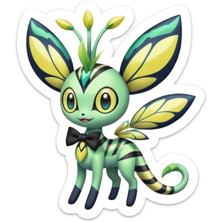 zig-zag-patterned tribal tropical hot spotted striped Meloetta-Celebi-Giratina-Noibat-Pokémon-Fakémon-fusion-hybrid-creature with a bow tie sticker