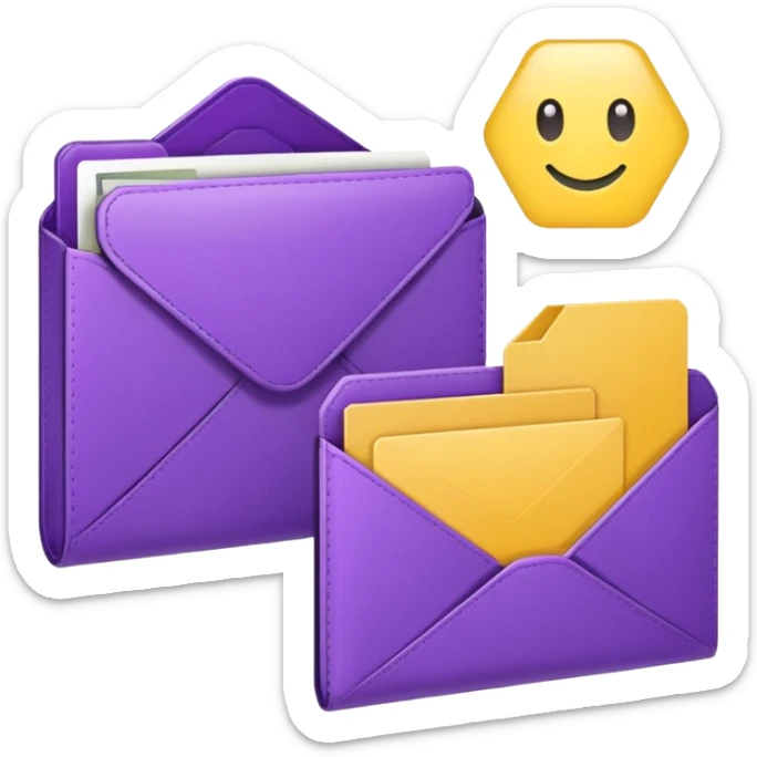 simple, minimalistic yellow (hex#FFD008) and purple (hex#8C52FF) icons of a pin, a working case, a folder, a magnifier, an email, an envelope sticker