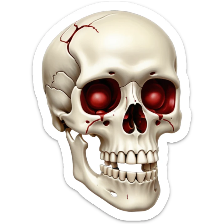 metallic anatomic bones with traces of blood, steel texture, dark dramatic tone, clean background sticker