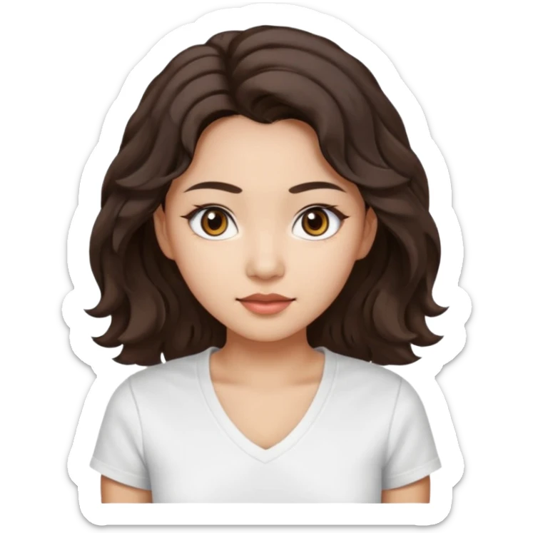 iOS style emoji. A girl with very long dark brown wavy hair. And the eyes color is dark brown. And she is wearing white t shirt with V kneck. And she is 30. She is Asian with double eyelids  sticker