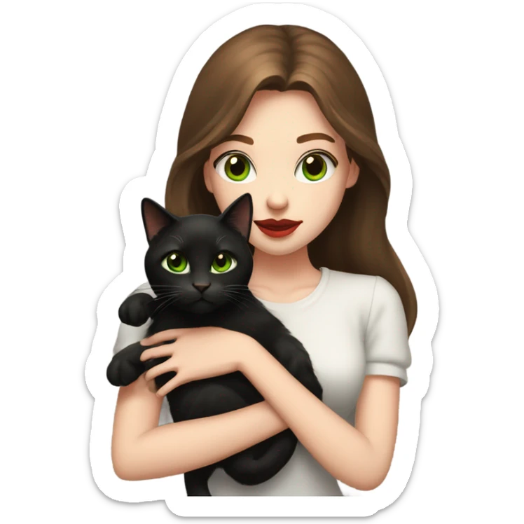 A teenage girl with white skin, green eyes, red lipstick, mid long brown hair, holding a black cat in her arms, view from close sticker